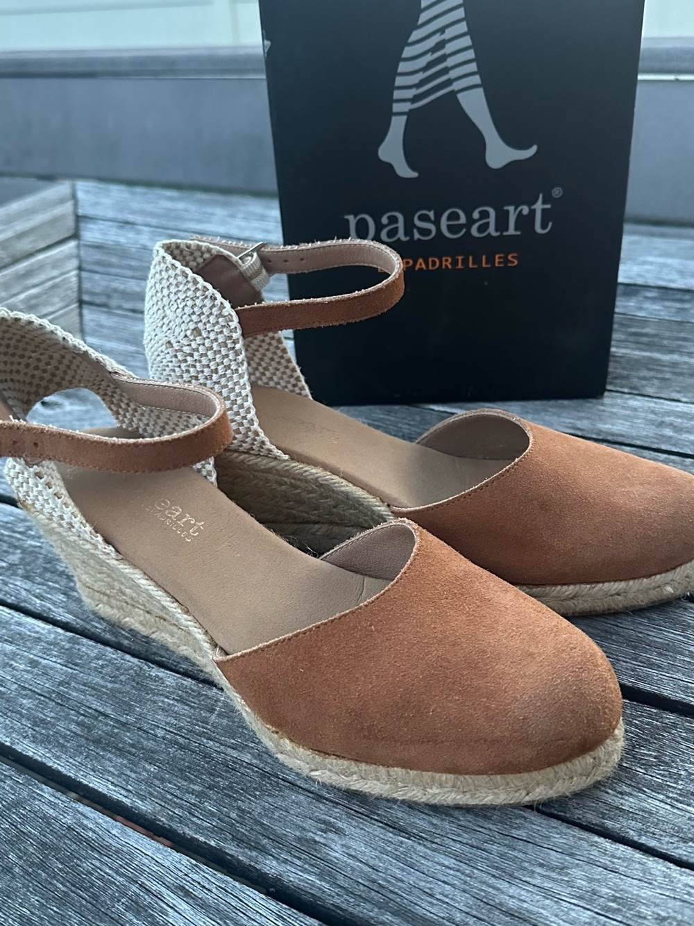 Paseart Tan Suede Espadrille Wedge Sandals with Ankle Strap